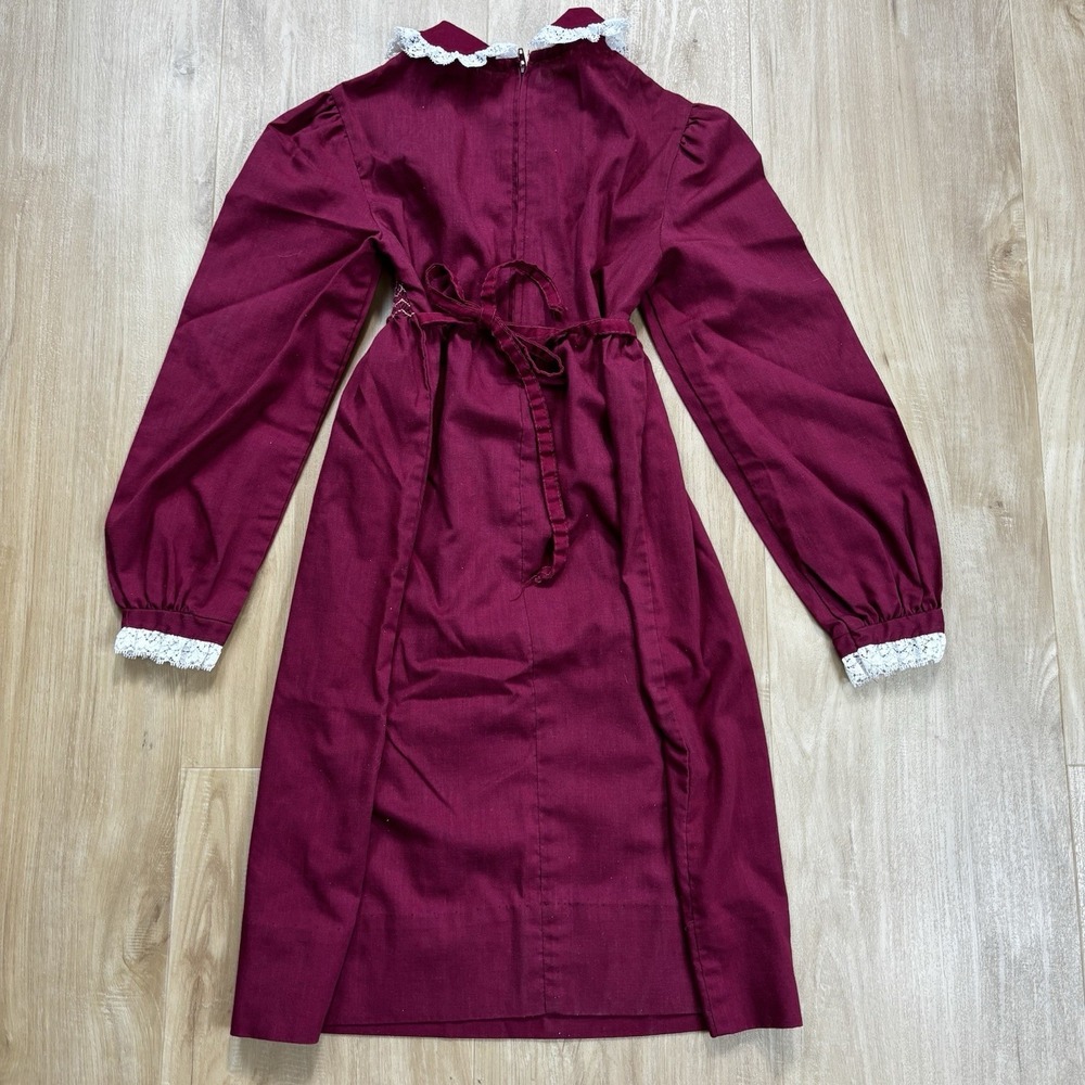 VTG Polly Flinders Hand Smocked Embroidered Long Sleeve Prairie Dress Maroon 10 - Picture 4 of 13